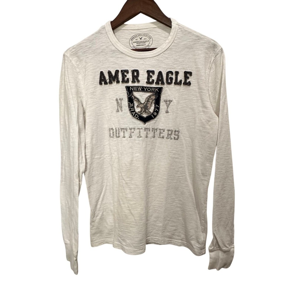 American Eagle Long Sleeve‎ Shirt XS Cream Graphic Athletic Fit Heritage Preppy